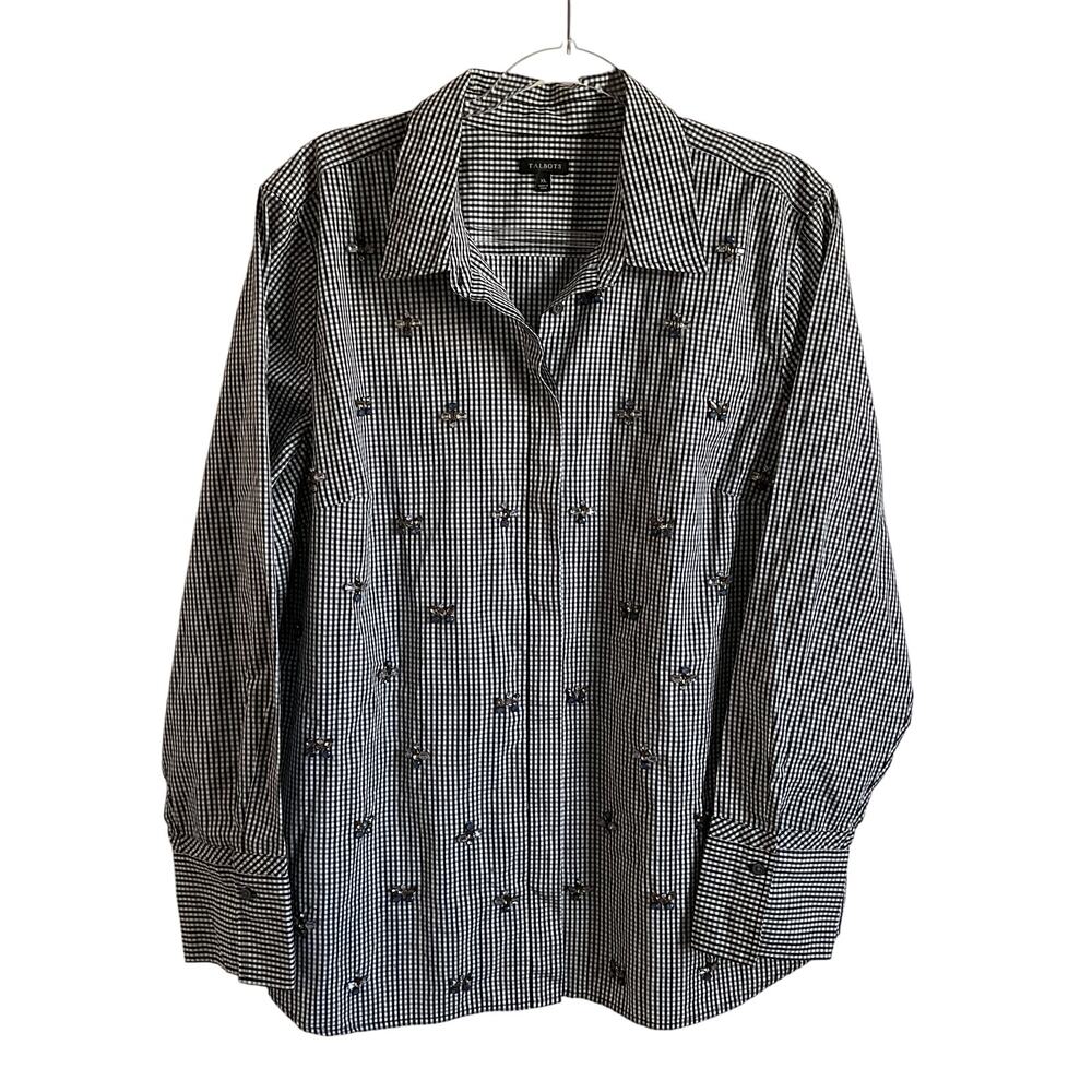 Talbots Beaded Gingham Plaid Cotton Button Front Blouse - Size XL - NEW